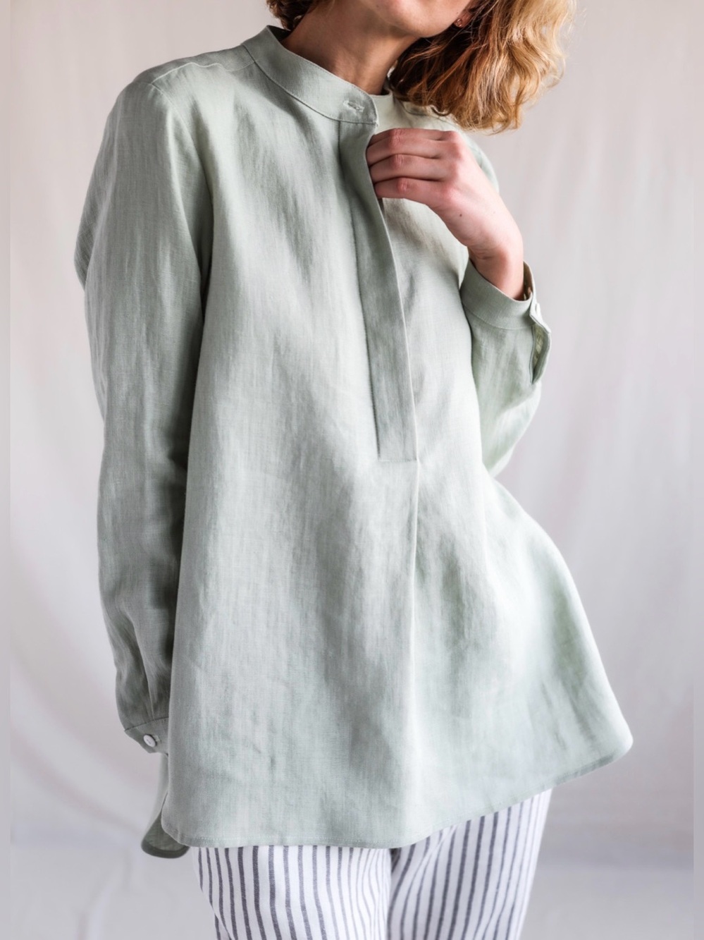 OFFON Linen Mandarin Collar NWT Popover Shirt Small Beige Tan Tunic Half Placket
